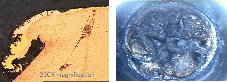Figure 2: Erosion/pitting and extrusion of brass layers on worn RSW electrode.U-2