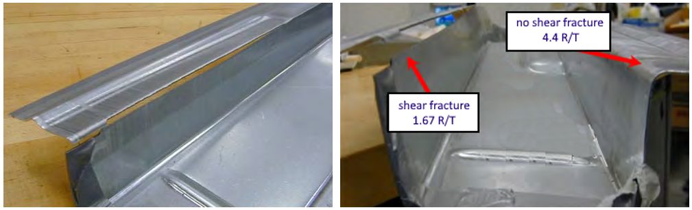 Figure 3: Different Views of a DP780 Part with Small R/T Leading to Shear Fracture at Bead Radius. An R/T = 1.67 led to shear fracture on the left side of the image, while the symmetric area on the right side had an R/T = 4.4, with no shear fracture even though it had the same depth of draw, draw bead configuration, and restraining force.M-5