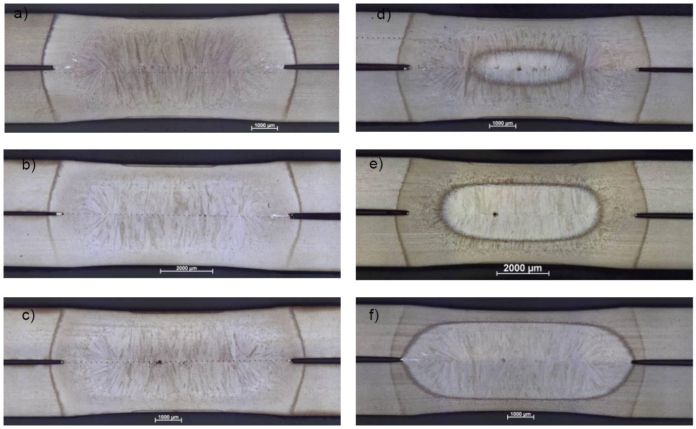 Figure 2. Micrographs of welds after post weld heat treatment applied on 36MnB5 2 mm homogeneous configuration with 70 periods of quenching and post welding current of a) 54%Iw, b) 62%Iw, c) 65% d) 67%Iw, e) 71%Iw and f ) 78%Iw.