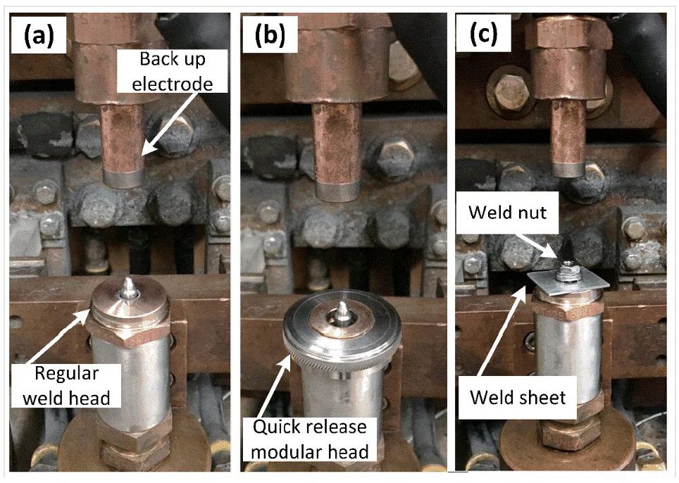 Figure 1:  Projection Nut Welding Set-Up [(a) with regular weld head, (b) with quick-release modular head, and (c) welding parts set up].