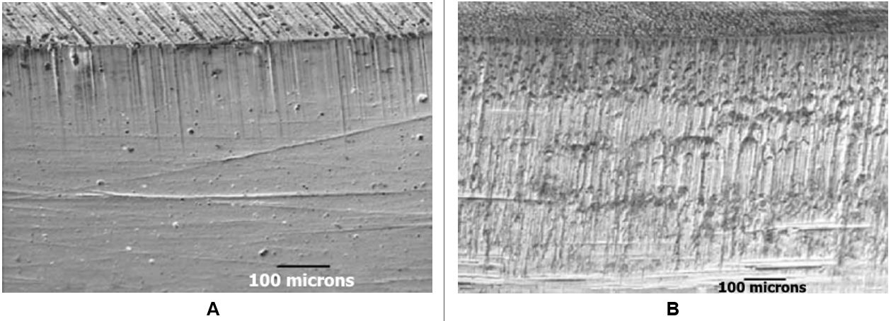 Figure 2: PVD-applied TiAlN-coated cutting steel (image A) reduces galling compared with an uncoated cutting steel (image B). Edges are shown after 200,000 parts produced from CR 500Y/800T-DP. T-20