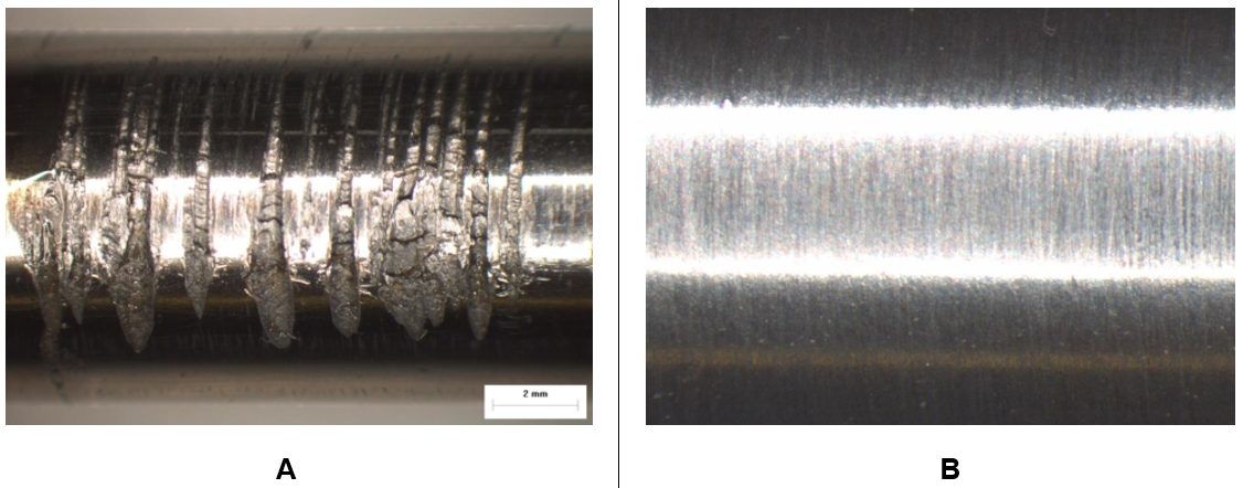 Figure 6: Effect of Heat Treatment on Tools to Stamp Dual Phase Steel. Image A) No heat treatment leads to wear; Image B) Proper heat treatment results in a surface without damage. S-45