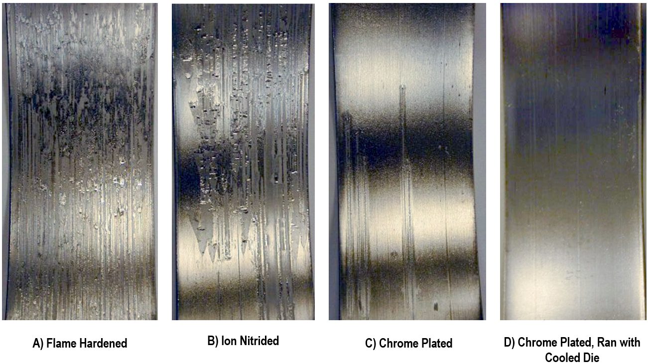 Figure 5: Coatings and Die Coolant on D2 Tool Steel Reduce Scoring and Friction with galvannealed dual phase steel. A) Flame Hardened; B) Ion Nitrided; C) Chrome Plated; and D) Chrome Plated with die coolant. S-46