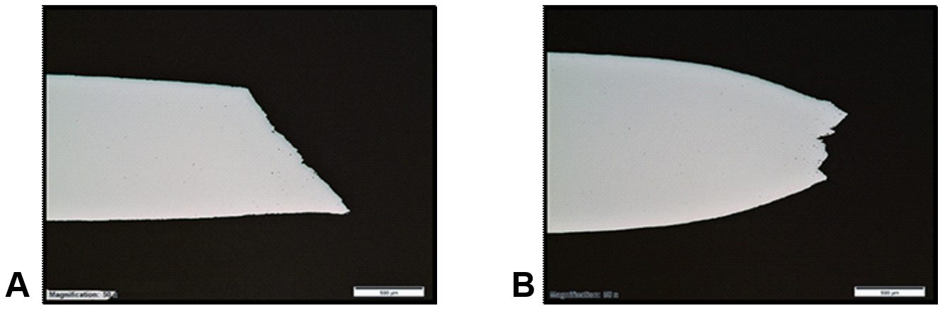 Figure 3. Examples of (a) Type 1 fracture, and (b) Type 3 fracture; Polished through-thickness cross-sections at the mid-width position; Tensile axis is horizontal.