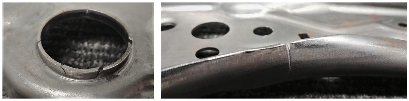 Figure 8: Close-up views of Location 1 (left) and Location 2 (right) identified in Figure 7 [material: 980DP(LSi)]; Location 1 is a pierced hole that was extruded during forming, and Location 2 is a blanked perimetric edge that was stretched during forming (underside with respect to Figure 7). H-15