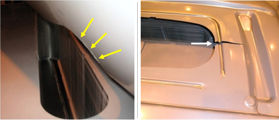Figure 2: Excessive burr on the blank led to a global formability split on the formed liftgate.  The root cause was determined to be dull trim steels resulting in excessive work hardening.U-6