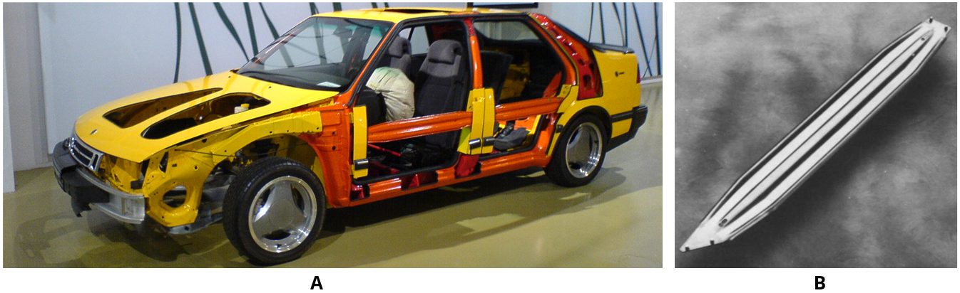 Figure 1: Door beams of the Saab 9000 (1984-1998): (a) A see-through car in Saab Museum [REFERENCE 5], (b) the hot stamped part [REFERENCE 6].