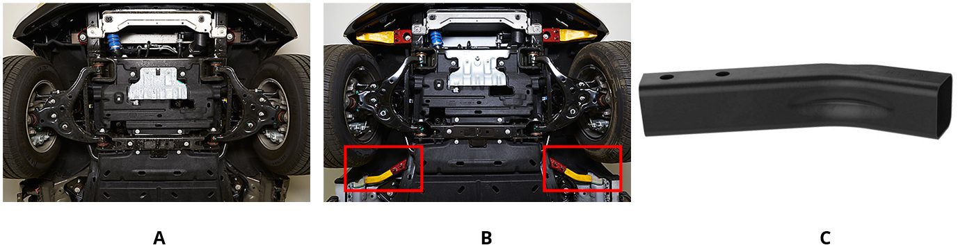 Figure 16: Undercarriage view of Ford F-Series: (A) Extended cab, and (B) Crew cab. (C) The tubular parts are made by form fixture hardening process (re-created after REFERENCE 73, REFERENCE 74)