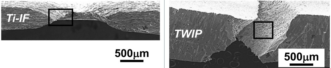 Figure 7: Sheared edge ductility comparison between IF (left) and TWIP (right) steel. TWIP steels lack the sheared edge expansion capability of IF steels. D-29