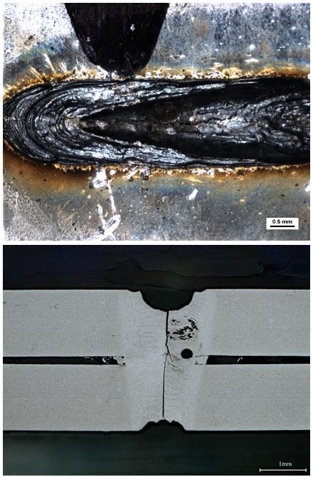 Figure 1: Delayed Crack in Weld of Material A. (Top) Crack from top surface, (Bottom) Cross Section of Crack.L-62 