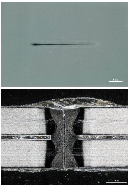 Figure 6: Delayed Cracking in Weld of Material B, (Top) X-ray, (Bottom) Cross section of crack.L-62