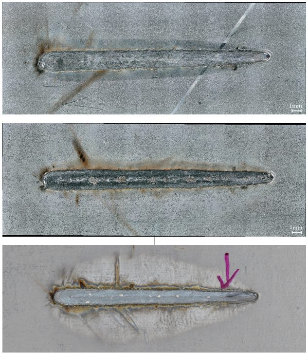 Figure 3: Examples of Visual Inspection Photographs. (Top) Top surface, Material A, (Middle) Top surface, Material B, (Bottom) Top surface, Material C.L-62