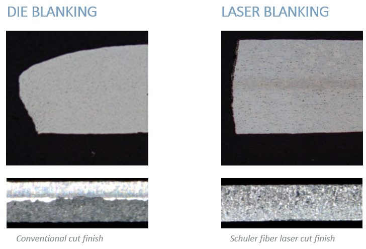 Conventional cut edge condition produced from die blanking (left) and laser fiber cut edge condition produced from laser blanking (right).