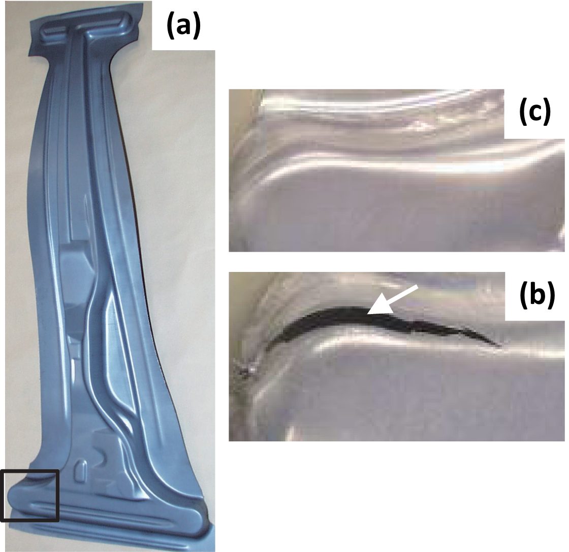 Figure 2: B-Pillar Lower (a) showing splits when made from conventional 980 GA (b), and split-free when made from 3rd Gen 980 MPa (c).J-30