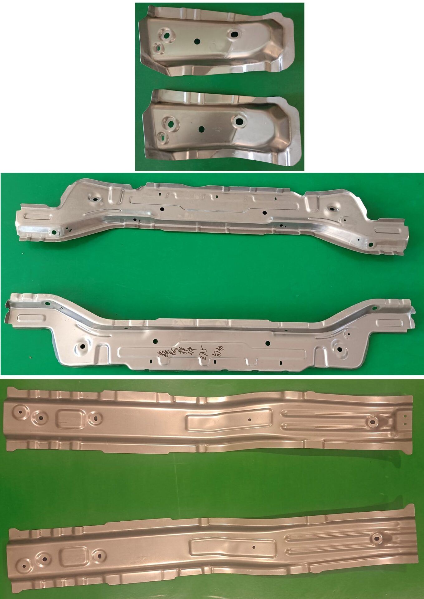 Figure 2: Parts made from DH steels. Crossmember component (CR330/590DH, top image), Seat crossmember (CR440/780DH, middle image), and Crossmember Front Floor (CR550/980DH, bottom image).