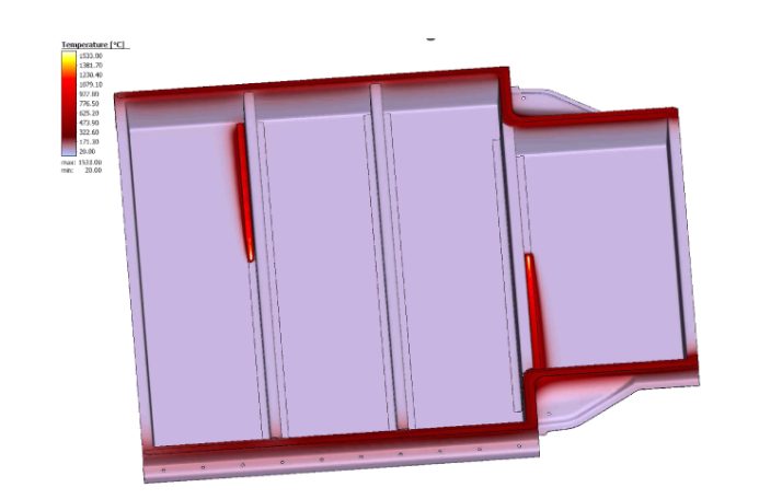 Temperature distribution during welding of a steel battery enclosure.